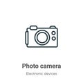 Photo camera outline vector icon. Thin line black photo camera icon, flat vector simple element illustration from editable Royalty Free Stock Photo