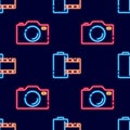 Photo camera and Photographic film neon seamless pattern. Photo and video concept. Vector illustration of background for design,