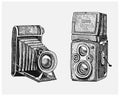 Photo camera set vintage, engraved hand drawn in sketch or wood cut style, old looking retro lens, isolated vector Royalty Free Stock Photo