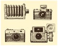 Photo camera set vintage, engraved hand drawn in sketch or wood cut style, old looking retro lens, vector Royalty Free Stock Photo