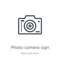 Photo camera sign icon. Thin linear photo camera sign outline icon isolated on white background from music and media collection.