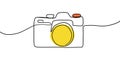 Photo camera single linear drawing. One line photography tool, colorful minimal logo icon. Vector art illustration