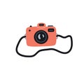 Photo camera with strap. Film analog photocamera with lens. Trendy photography device. Photographic gadget icon. Flat Royalty Free Stock Photo