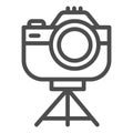 Photo camera on tripod line icon, device concept, camera on stand sign on white background, retro photocamera icon in