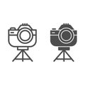 Photo camera on tripod line and solid icon, device concept, camera on stand sign on white background, retro photocamera