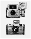 Photo camera vintage, engraved hand drawn in sketch or wood cut style, old looking retro lens, isolated vector realistic Royalty Free Stock Photo