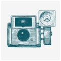 Photo camera vintage, engraved hand drawn in sketch or wood cut style, old looking retro lens, isolated vector realistic Royalty Free Stock Photo