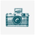 Photo camera vintage, engraved hand drawn in sketch or wood cut style, old looking retro lens, isolated vector realistic Royalty Free Stock Photo