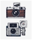 Photo camera vintage, engraved hand drawn in sketch or wood cut style, old looking retro lens, isolated vector realistic Royalty Free Stock Photo