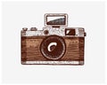 Photo camera vintage, engraved hand drawn in sketch or wood cut style, old looking retro lens, isolated vector realistic Royalty Free Stock Photo