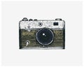 Photo camera vintage, engraved hand drawn in sketch or wood cut style, old looking retro lens, isolated vector realistic Royalty Free Stock Photo