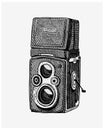 Photo camera vintage, engraved hand drawn in sketch or wood cut style, old looking retro lens, isolated vector realistic Royalty Free Stock Photo