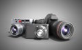 Photo cameras of different classes 3d render on grey