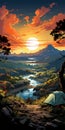 Retromer Camping Poster: Japanese-style Sunset Landscape Wallpaper