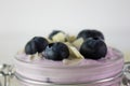 In this photo we can see a handmade blueberry yogurt decorated with blueberries and almonds in a close plane