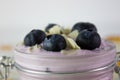 In this photo we can see a handmade blueberry yogurt decorated with blueberries and almonds in a close plane