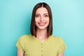 Photo of candid positive cute bob hairdo lady shiny smile wear green blouse isolated turquoise color background