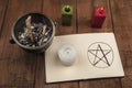 A photo of a candle, a witch's cauldron, and a pentacle in a book of shadows