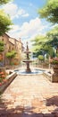 Fountain View Pathway: Hyper Realistic Watercolor Style Anime Art