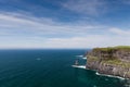 Photo capture of a breathtaking natural nature landscape. Cliffs of moher with O`brien`s tower and Aran Islands, wild atlantic w Royalty Free Stock Photo