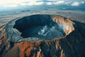 This photo captures an aerial view of a massive crater in the desert, showcasing a striking and impressive geological formation, A