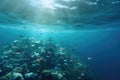 This photo captures the alarming sight of a massive volume of plastic waste adrift on the oceans surface, Underwater view of a