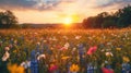 Early Summer Wildflower Meadow in Golden Hour Glow: Vibrant Colors and Beauty Royalty Free Stock Photo