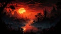 Mysterious Jungle: Red River And Orange Sky Concept Art