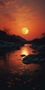 Captivating Red Sun Over River: A Sublime Wilderness Photoillustration