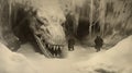 Sepia Tone Ice Tunnel Scene With Dragon And Explorers