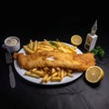 French fries with deep-fried fish and lemon on the table close-up