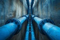 This photo captures a concrete tunnel with a prominent large blue pipe running through it, Blue pipes crawling through a Royalty Free Stock Photo