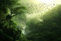 This photo captures a dense forest teeming with a multitude of green trees, Birds flocking over a river cascading through a