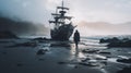 Moody Landscape: Man Standing On Wrecked Ship On Beach