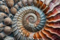 This photo captures a detailed view of numerous types of shells arranged closely together, An intricate, spiraling design