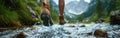 River Trekking Adventure: A Close-Up of Hiking Shoes on a Traveler Exploring the Breathtaking Mountain Landscape and Nature Royalty Free Stock Photo