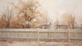 Soft And Muted Oil Painting Of White Fence And Trees