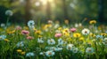 Sunny Spring Meadow with White & Pink Daisies and Yellow Dandelions Blooming in Abundance Royalty Free Stock Photo