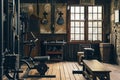 This photo captures a gym featuring a bench, various exercise equipment, and a window, A gym with vintage workout equipment, AI