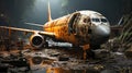 Photo of an abandoned damaged plane in the middle jungle of a muddy wilderness