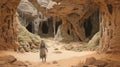 Detailed Illustration Of Man Standing Near Large Caves In Namibia