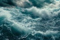 The photo captures a large body of water with numerous powerful and crashing waves, creating a dynamic and energetic scene,