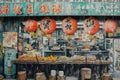 This photo captures a large painting on the side of a building, adorned with intricate Asian writing, Graffiti-style depiction of Royalty Free Stock Photo