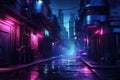 This photo captures a lively city street at night, dazzling with colorful neon lights, Street in cyberpunk dystopian city at night