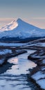 Dramatic Snowy Landscape With River And Mountain
