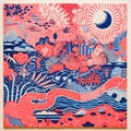 Intricate Psychedelic Landscape: Vibrant Pink Painting With Moon, Sun, And Stars