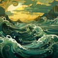 Khaki Art Nouveau Seascape Abstract: Waves In Psychedelic Ominous Landscapes