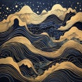 Whimsical Waves: A Golden Impressionism Drawing On Navy Background