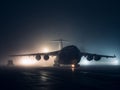 Military Cargo Plane on a Foggy Runway