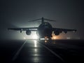 Military Cargo Plane on a Foggy Runway